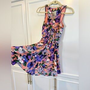 Lush Floral Sleeveless Fit & Flare Dress – Peach & Purple Print